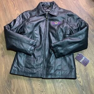 Burks bay TOP GUN black leather jacket.  Zip up lined leather‎ jacket large